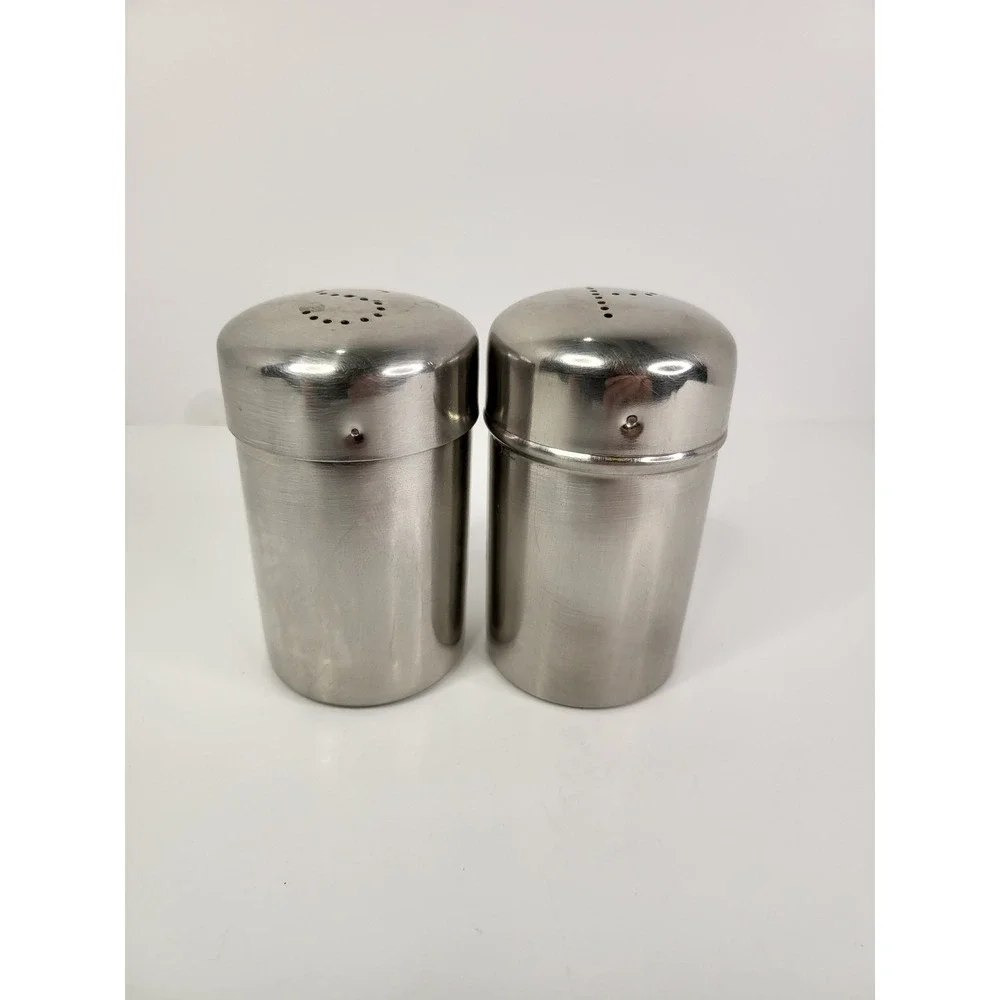 Vintage Stainless Steel Salt and Pepper Shakers Set Brushed Metal S P Lids